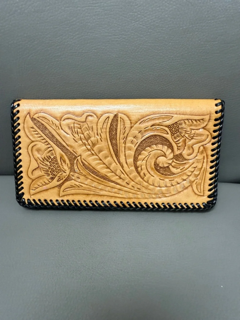 Hand-Tooled Leather Wallet with Floral Carving - Tan
